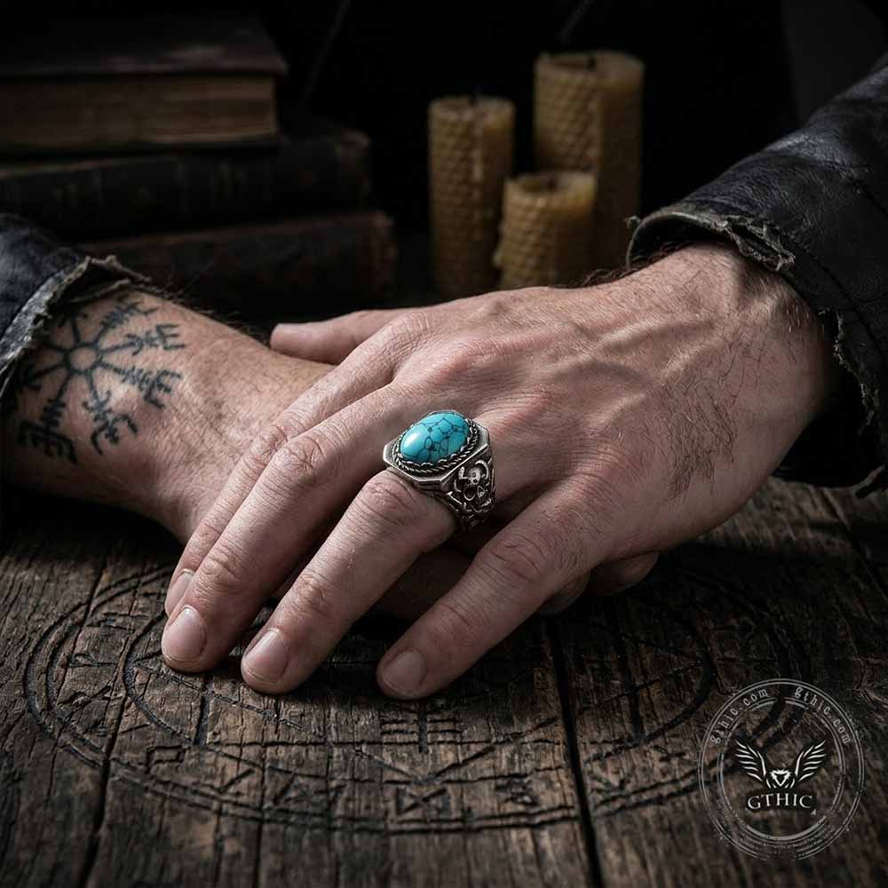 Vintage Turquoise Skull Stainless Steel Biker Ring