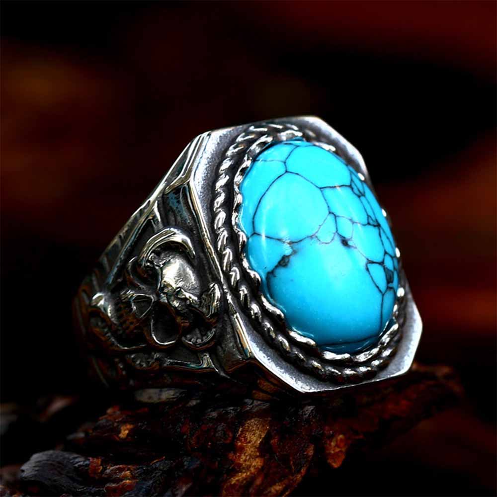 Vintage Turquoise Skull Stainless Steel Biker Ring