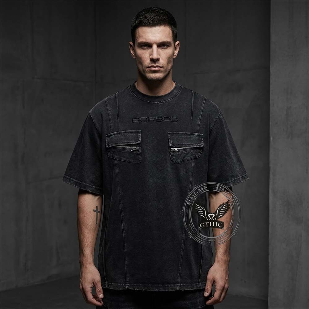 Vintage Washed Zipper Pocket Distressed T-Shirt