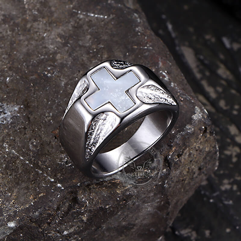 Vintage White Shell Cross Ring in Stainless Steel
