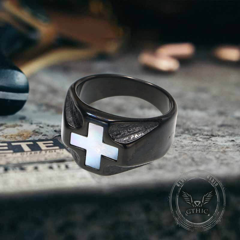 Vintage White Shell Cross Ring in Stainless Steel