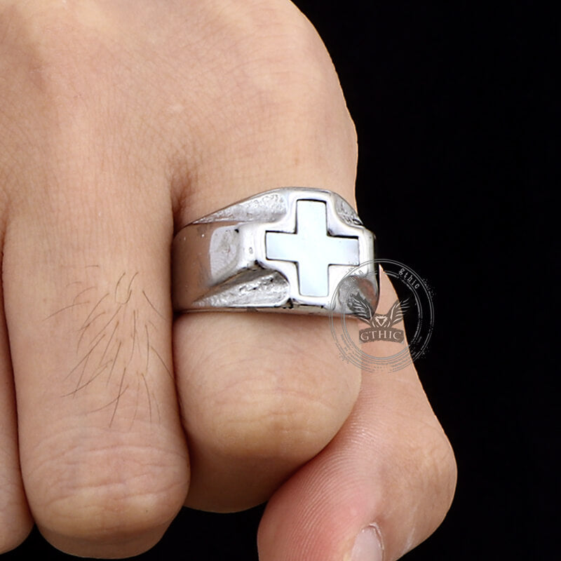 Vintage White Shell Cross Ring in Stainless Steel