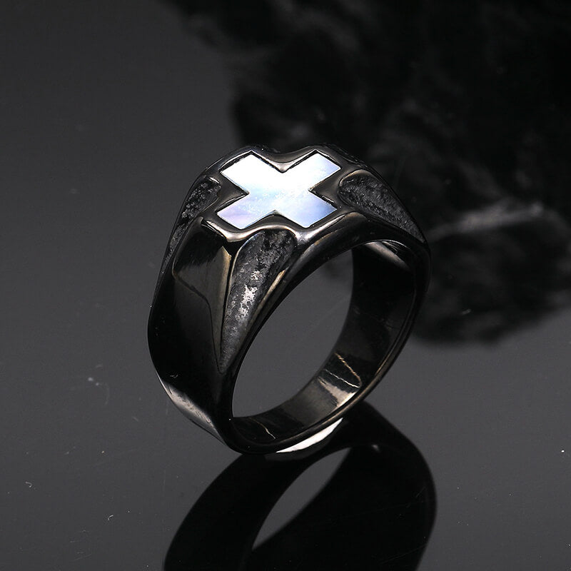 Vintage White Shell Cross Ring in Stainless Steel