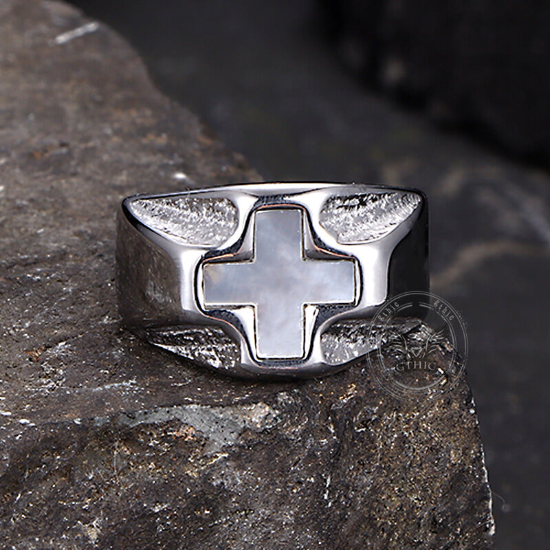Vintage White Shell Cross Ring in Stainless Steel