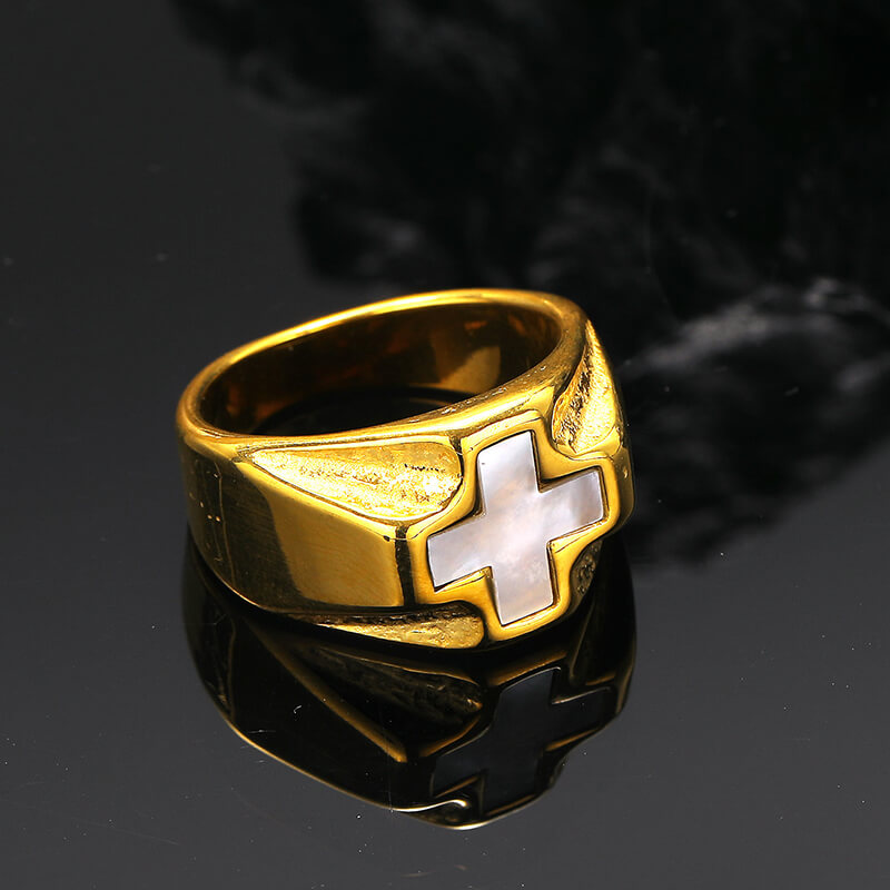 Vintage White Shell Cross Ring in Stainless Steel
