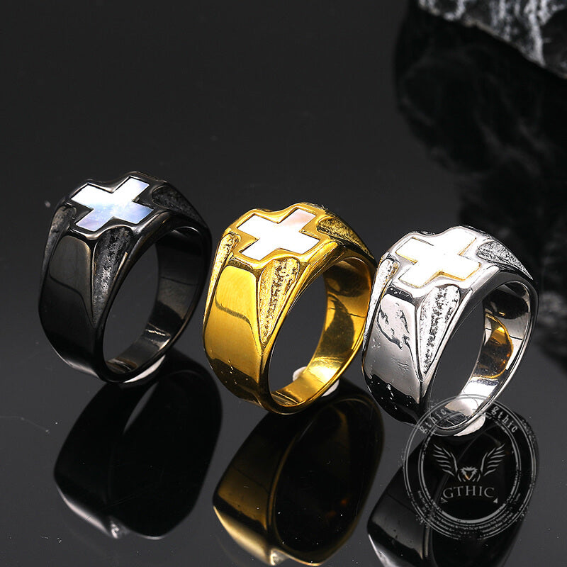 Vintage White Shell Cross Ring in Stainless Steel