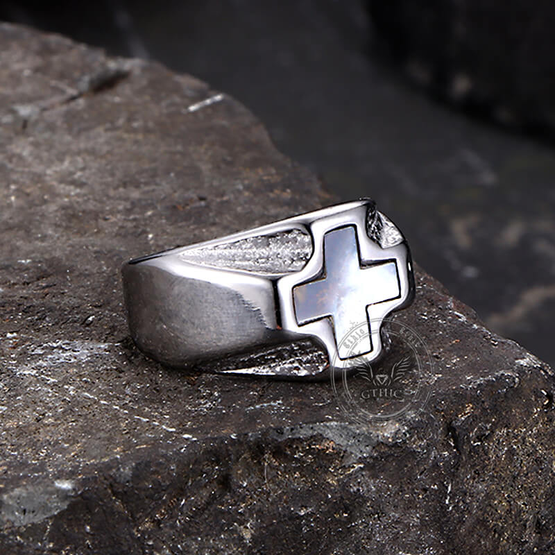 Vintage White Shell Cross Ring in Stainless Steel