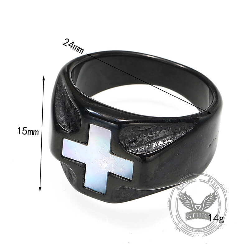 Vintage White Shell Cross Ring in Stainless Steel