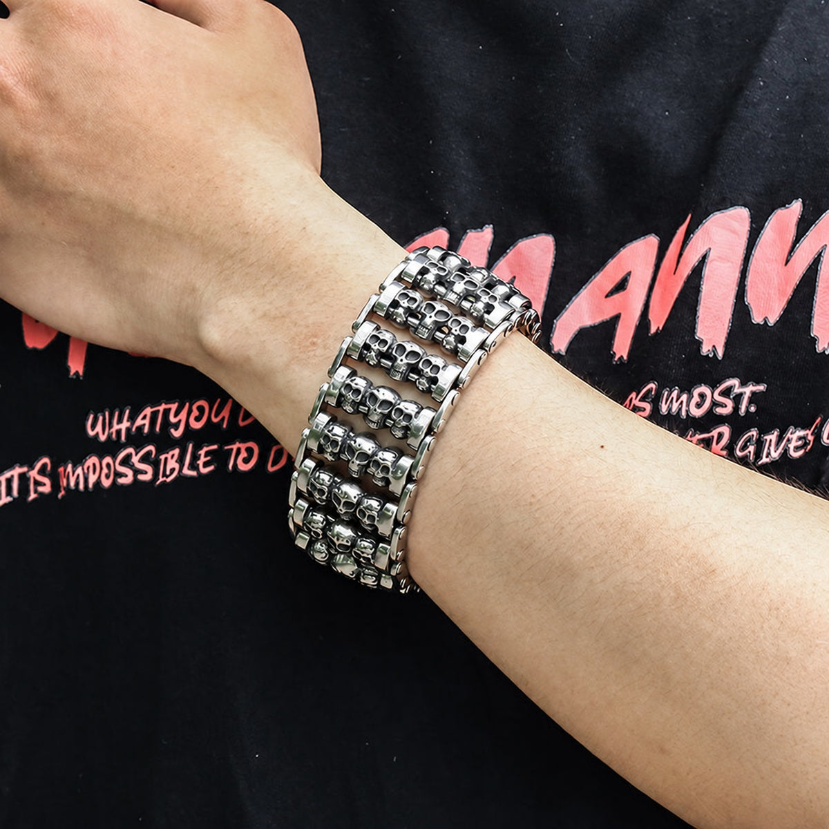 Wide Skull Biker Bracelet in Stainless Steel