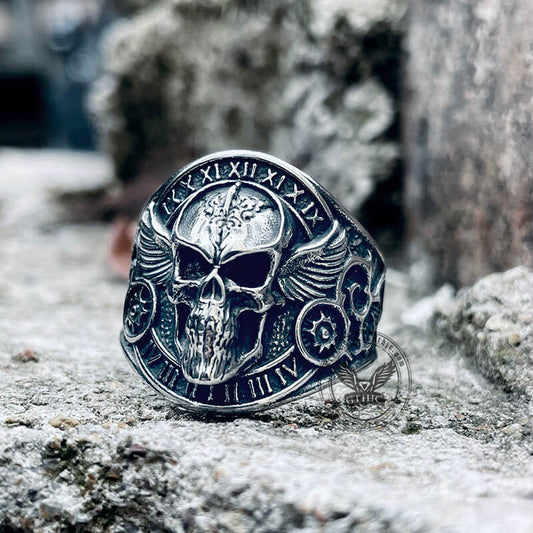 Winged Skull Biker Ring in Stainless Steel
