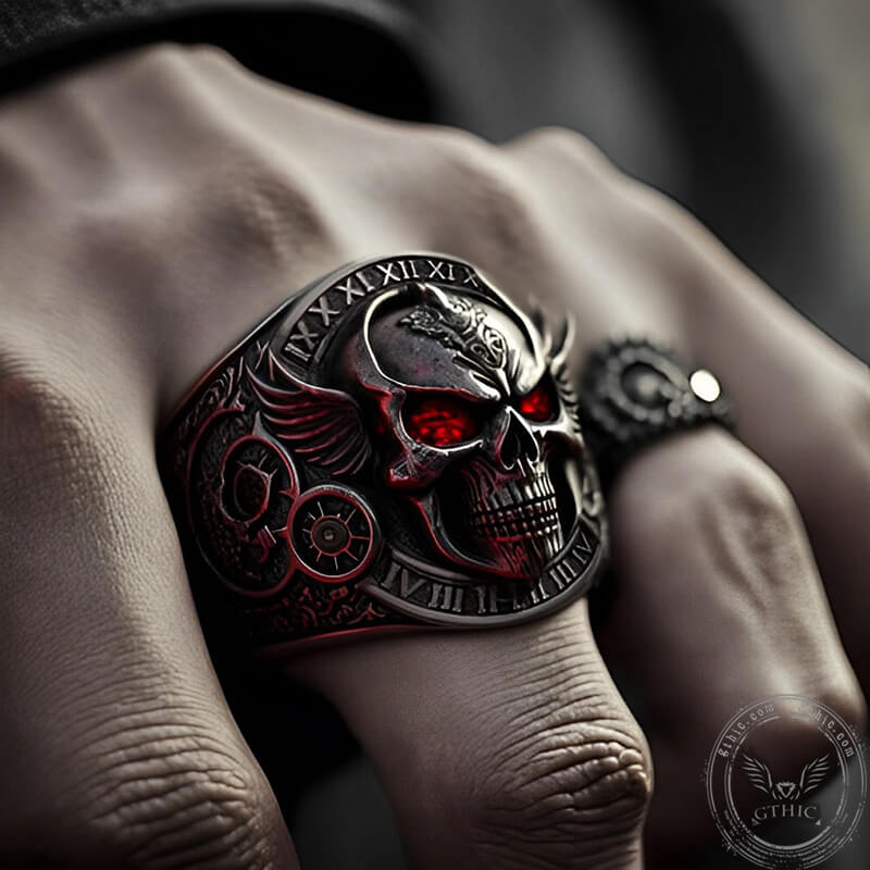 Winged Skull Sterling Silver Ruby Biker Ring
