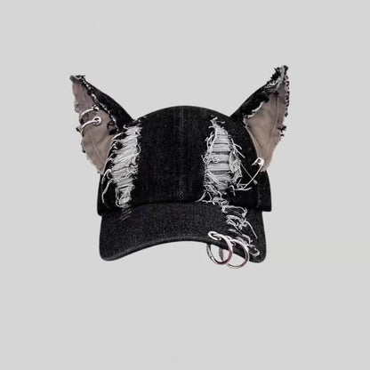 Y2K Iron Ring Ripped Three-Dimensional Ear Baseball Cap