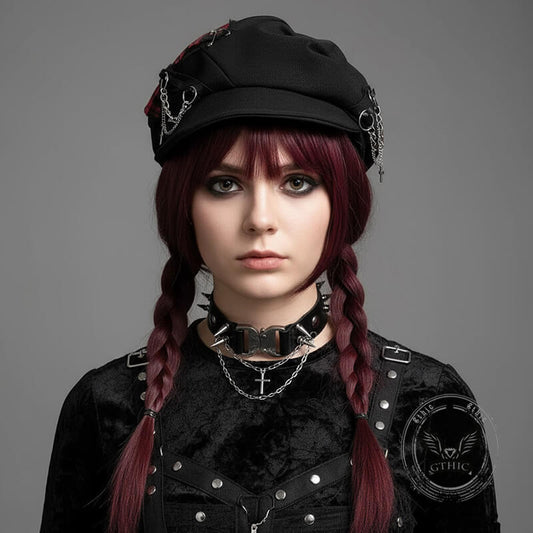 Y2K Punk Dark Plaid Cross Chain Beret